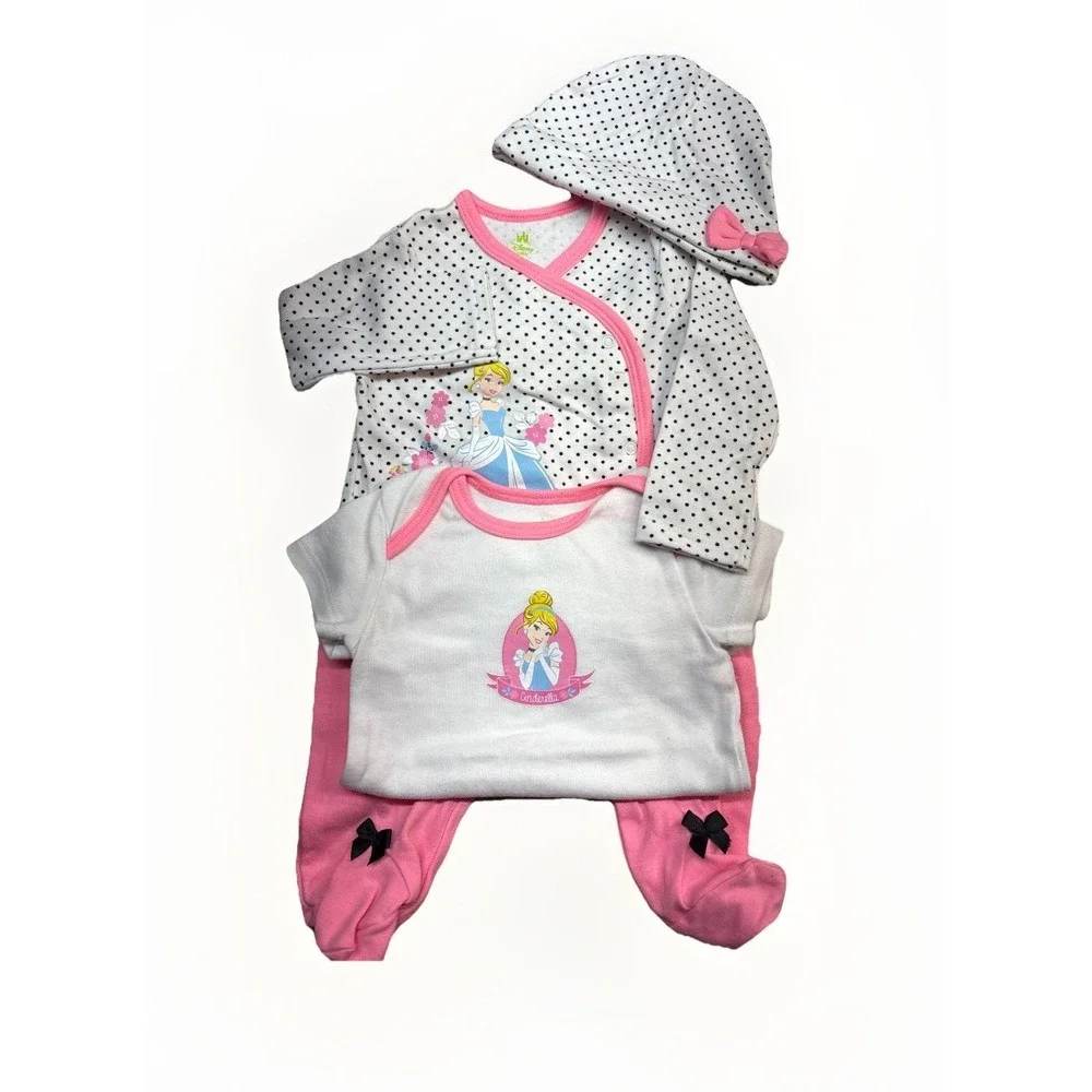 New! Disney Baby 4 Piece Set Cinderella 12M Hat, One-piece, Shirt, Pants Pink